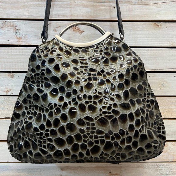 Vintage HOBO Intl Black Croc Embossed Patent Leather Silver Metal Handle Bag
